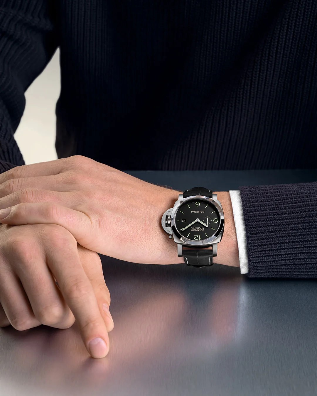 man wearing Panerai Luminor Marina Watch