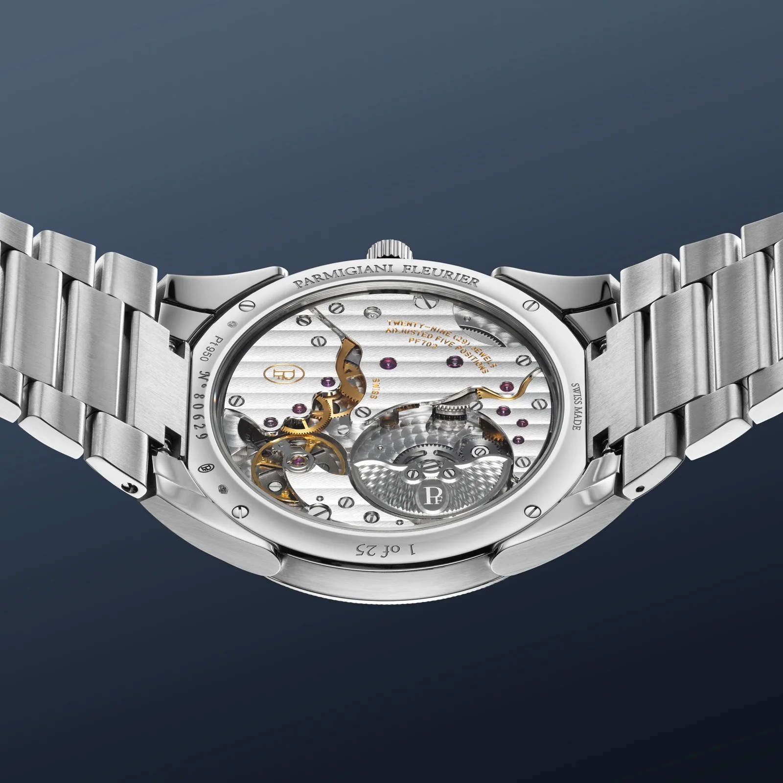 A view of the rear case and movement of the Parmigiani PF Micro-Rotor Platinum Stone Blue  shown from the edge. The watch is shown against a blue gradient background.