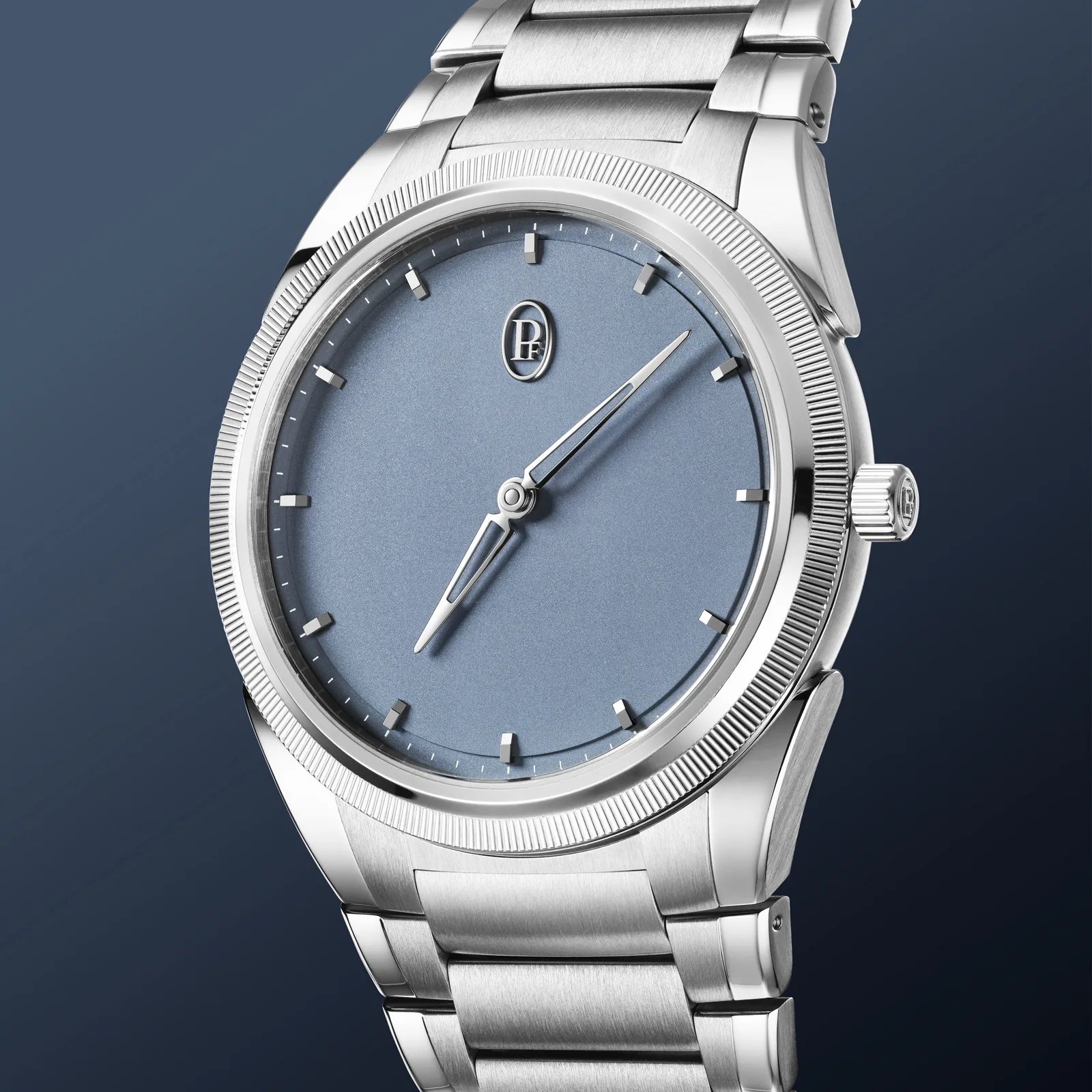 A view of running down the bracelet of the Parmigiani PF Micro-Rotor Platinum Stone Blue against a blue gradient background