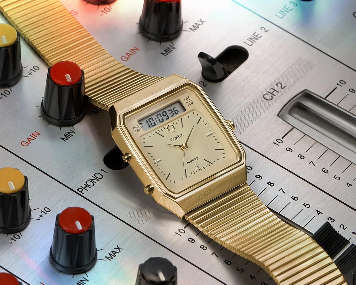 Q Timex 1982 Ana Digi Reissue watch on audio console