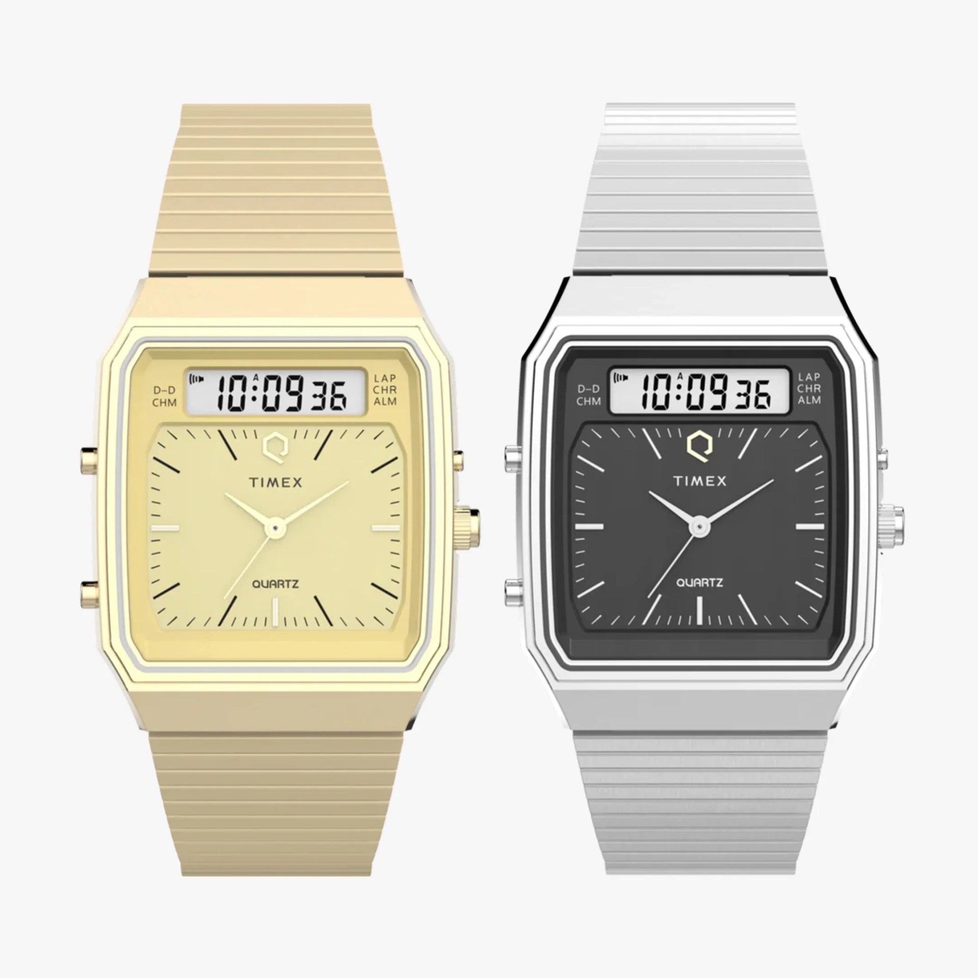 Q Timex 1982 Ana Digi Reissue watches on gray background