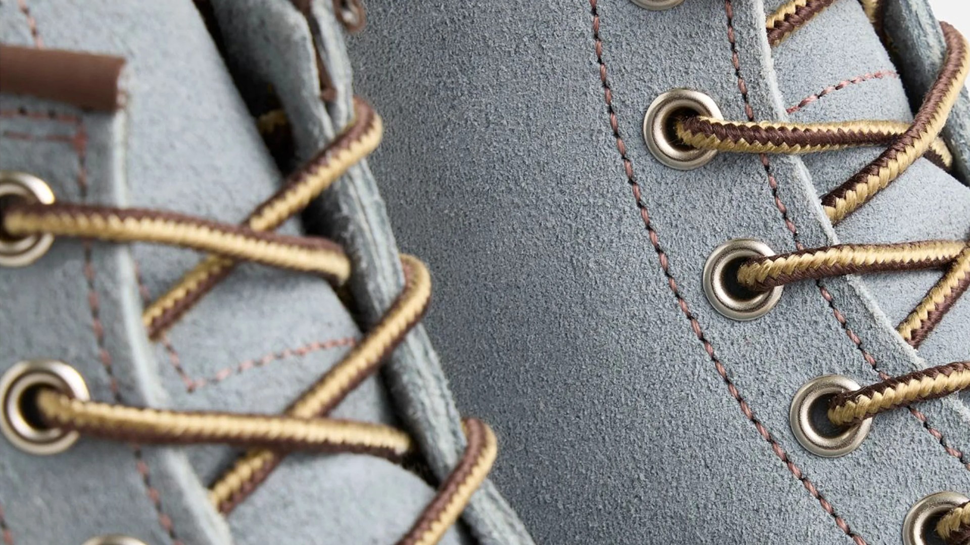 Red Wing Heritage Classic Moc in a new Dusty Blue color shown up close to reveal the boot's eyelets and laces
