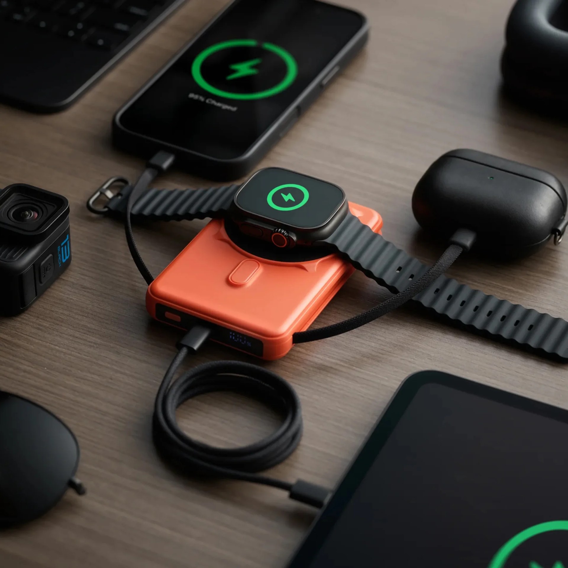 Ridge Magnetic Power Bank with Apple products on wood desk