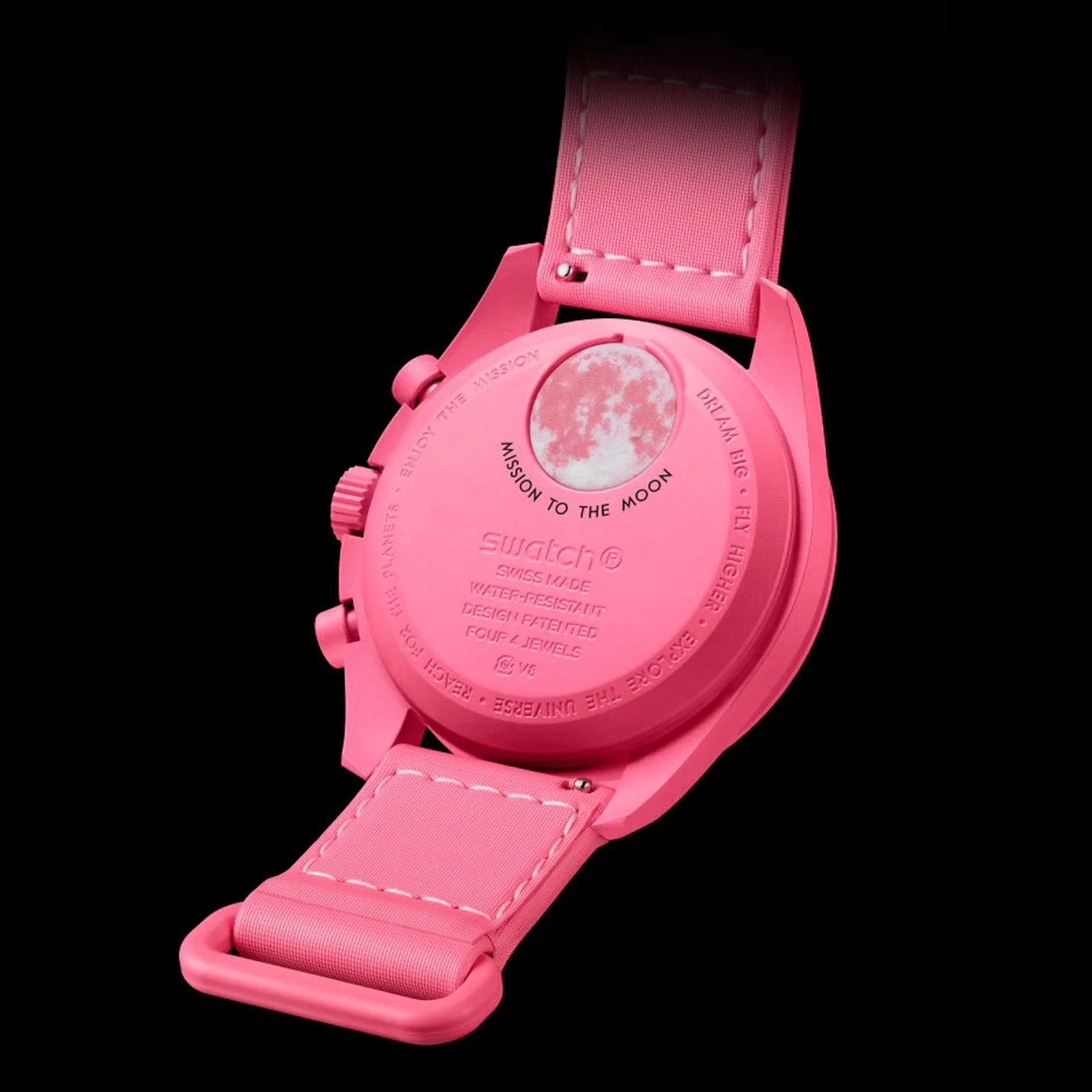 A picture of the back of the MoonSwatch Mission to the Pink Moonphase against a dark black background.