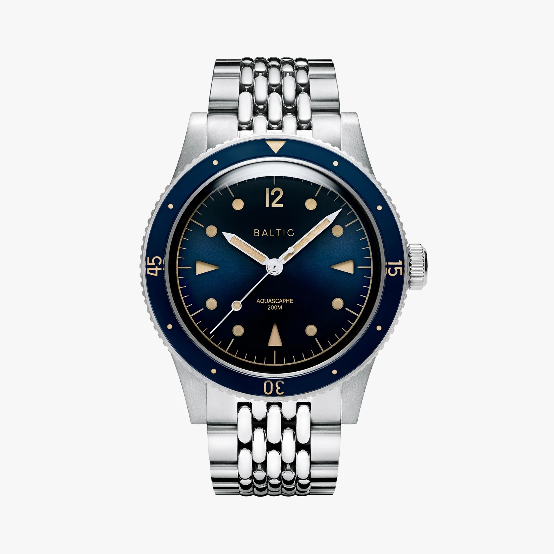 a blue Baltic dive watch with a steel bracelet