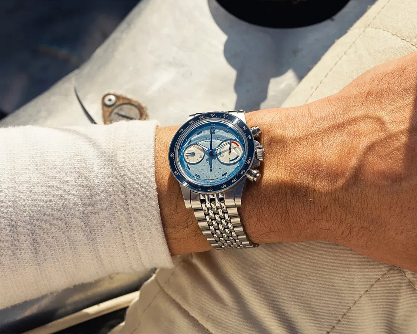 a Baltic chronograph on a man's wrist