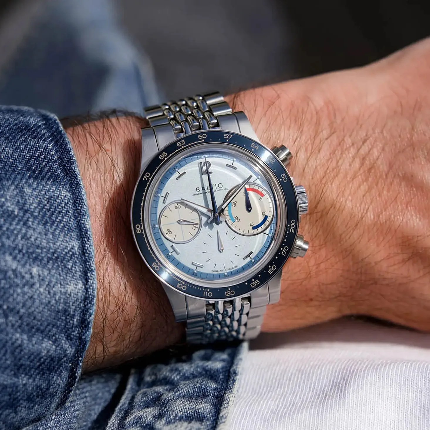 a Baltic chronograph watch on a man's wrist