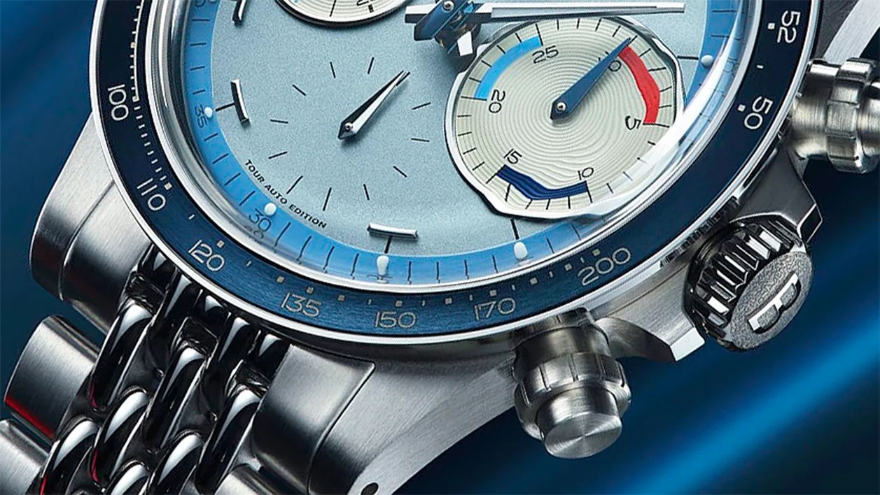 the dial, bezel and crown of a Baltic chronograph watch