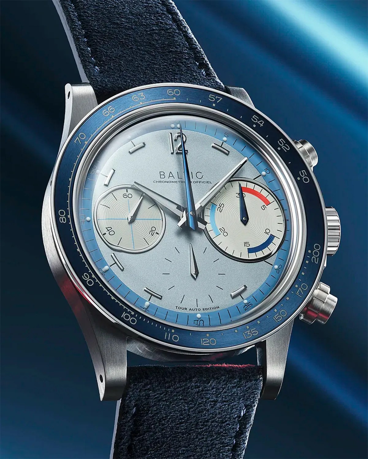 a blue Baltic chronograph with a blue suede strap