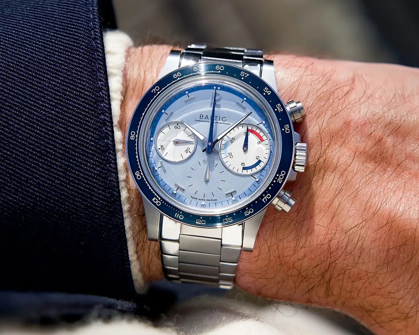 a Baltic chronograph on a man's wrist