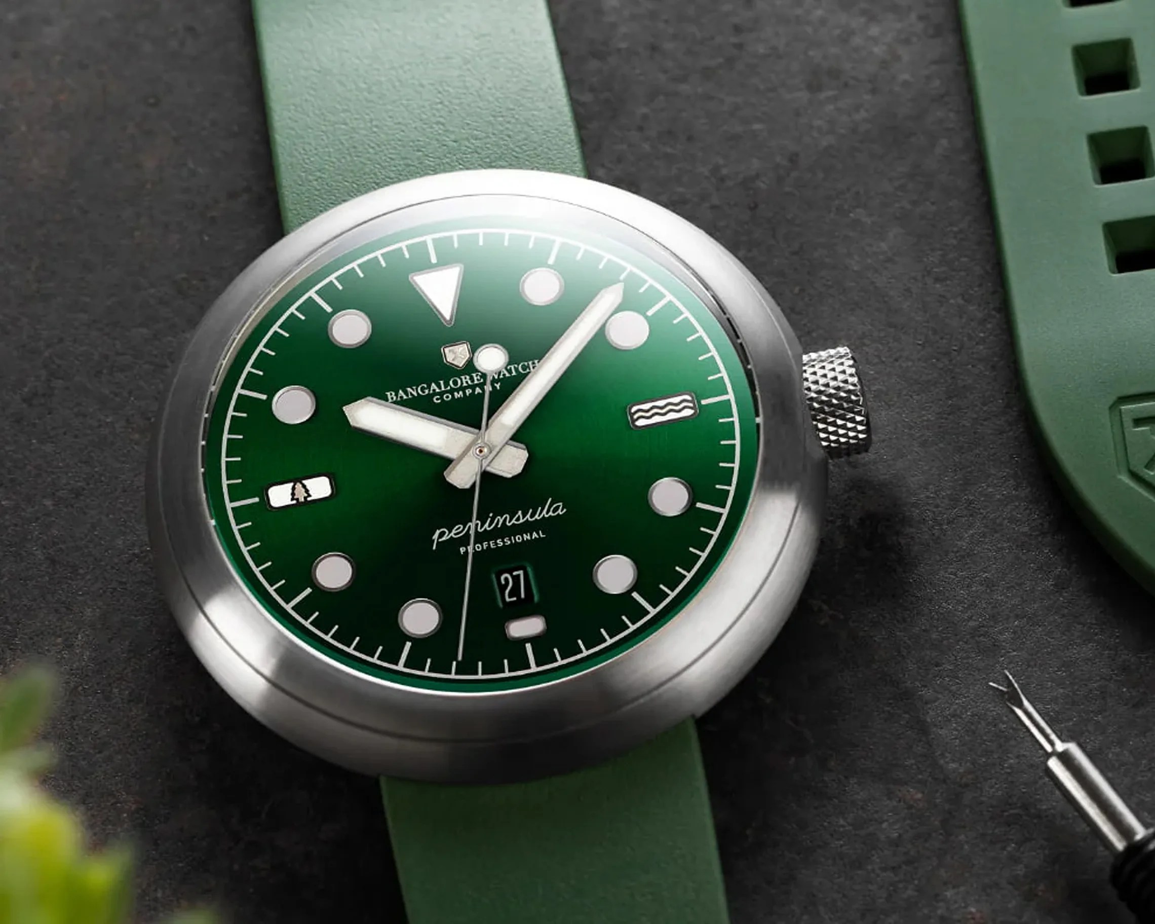 a green field watch from Bangalore Watch Co.