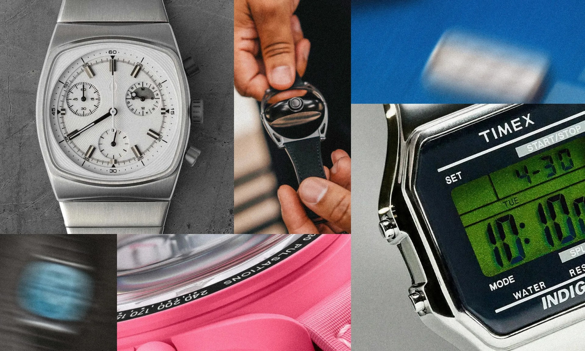 collage of watches from Timex, Swatch and others