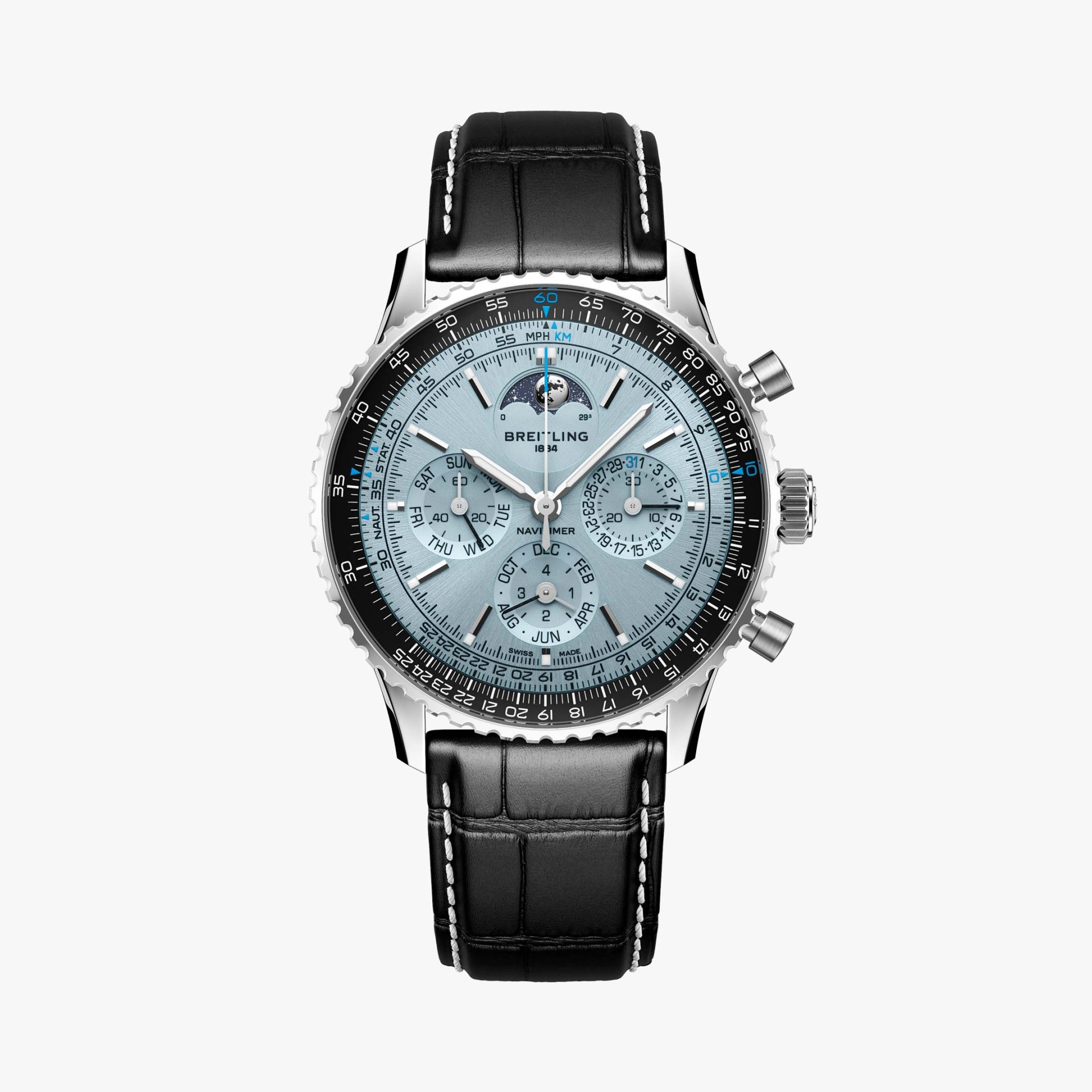 a Breitling perpetual calendar chronograph watch with a black strap