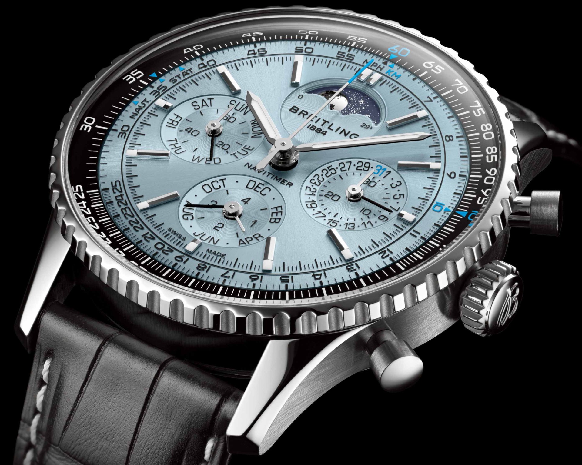light blue dial on a perpetual calendar chronograph watch