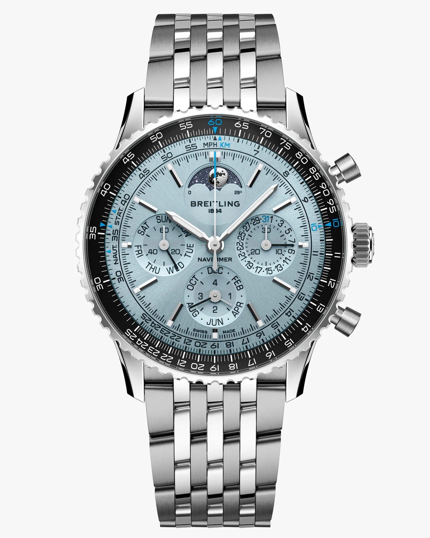 A perpetual calendar watch with a steel bracelet