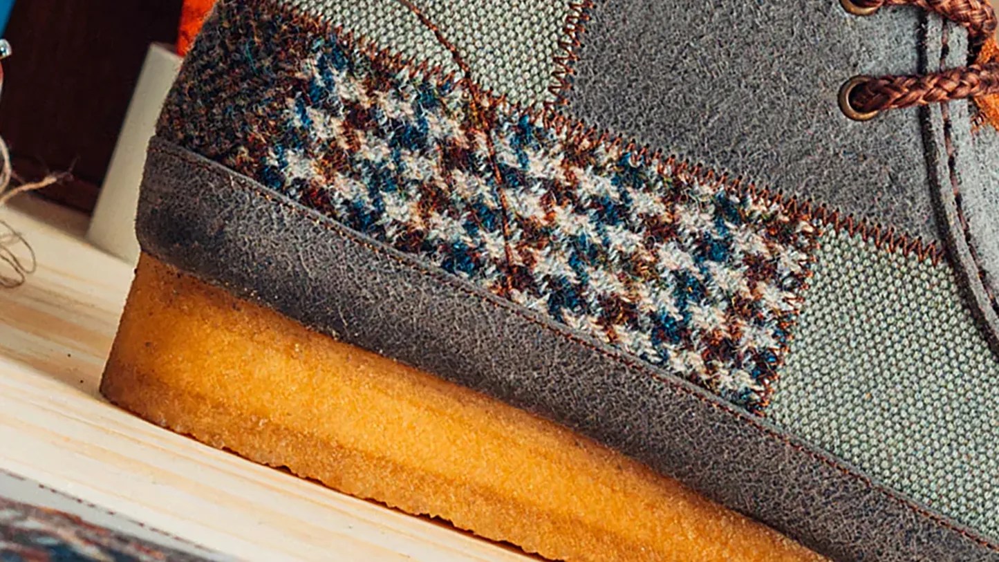 the heel of a patchwork Clarks boot