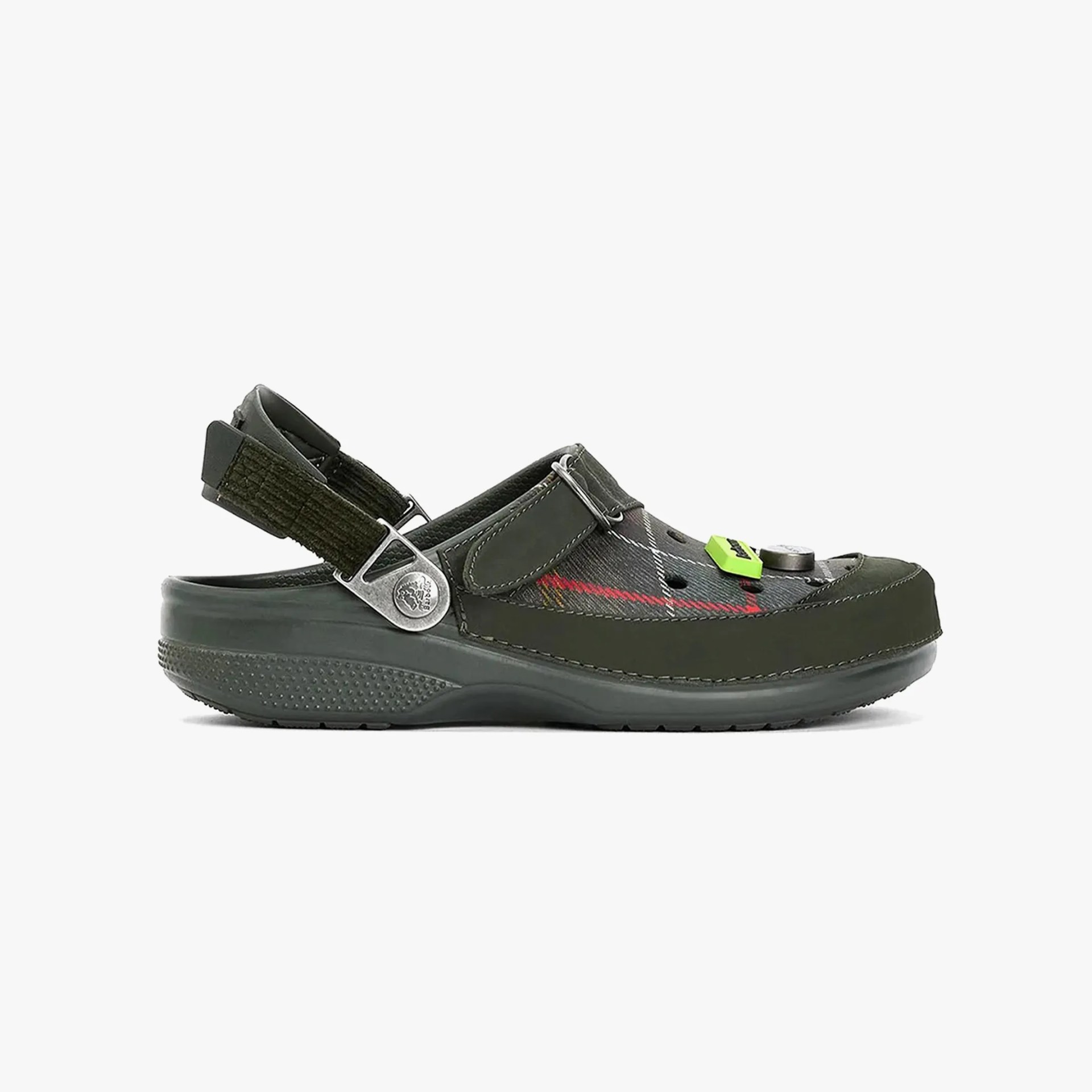 green crocs clog with barbour pattern