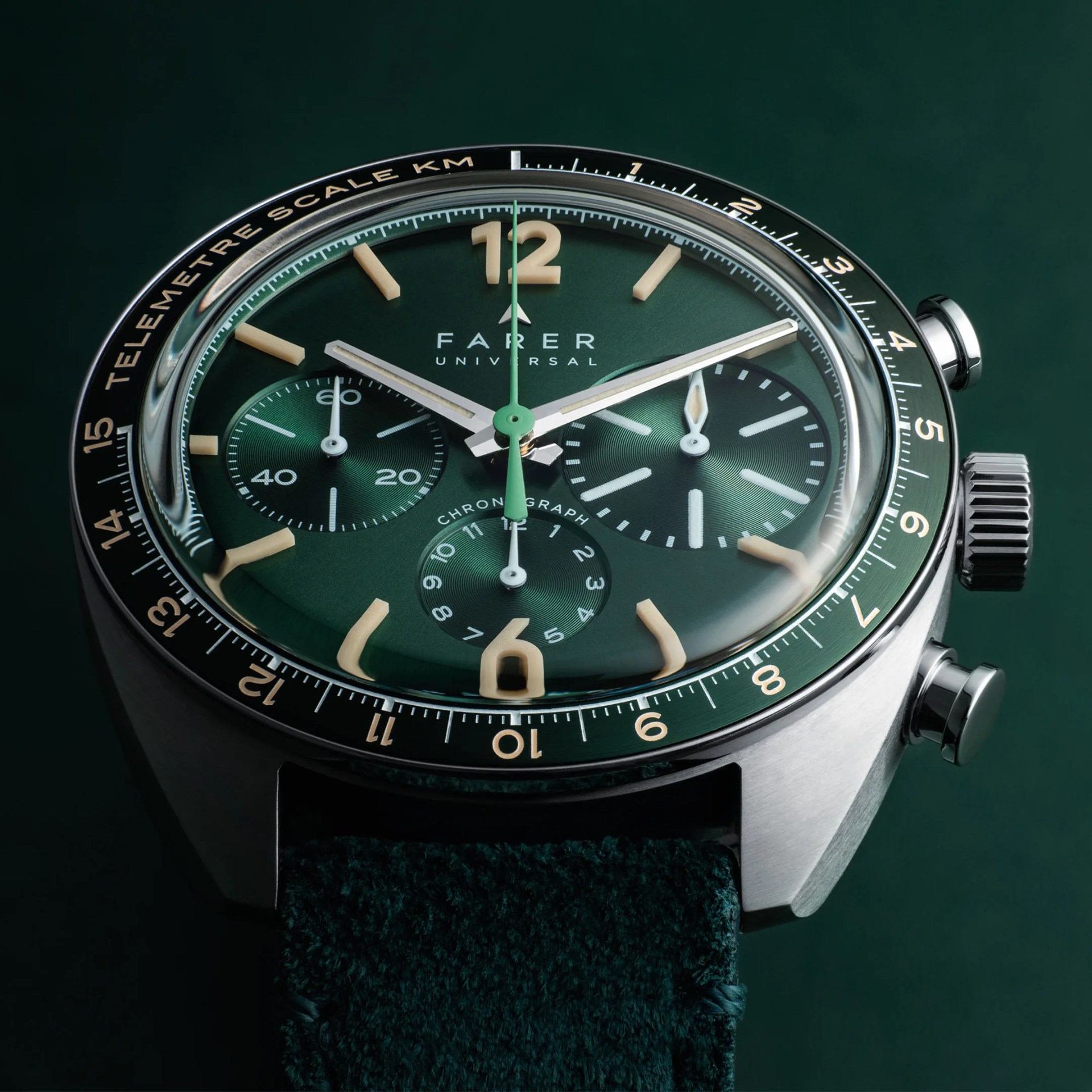 a closeup of a farer chronograph watch