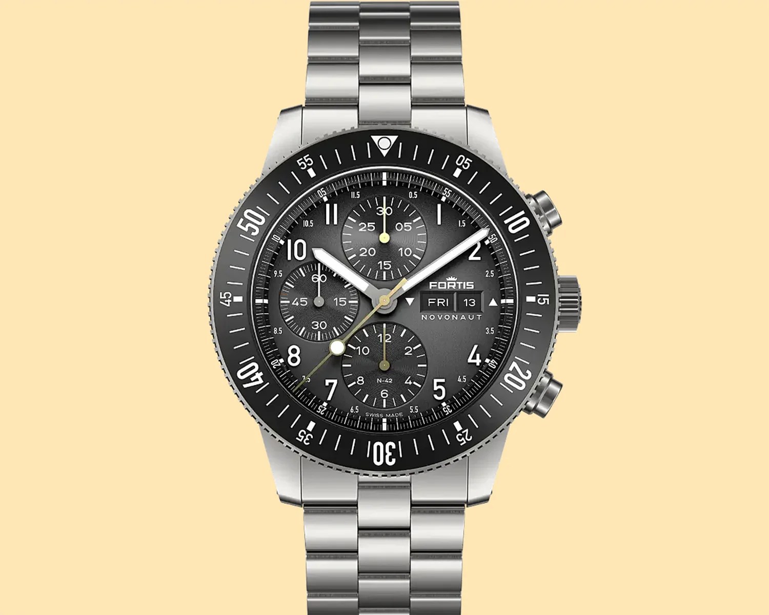 a steel Fortis chronograph watch with a black dial and bezel