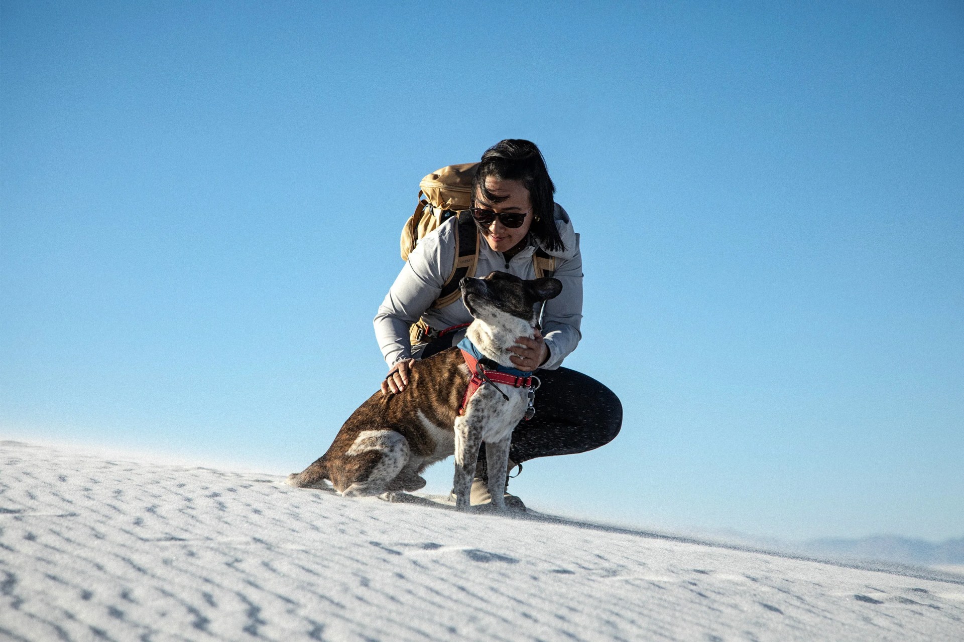 woman petting dog on white sand dunes