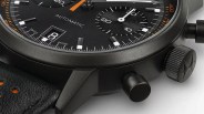 the case and dial of a black Hamilton chronograph watch