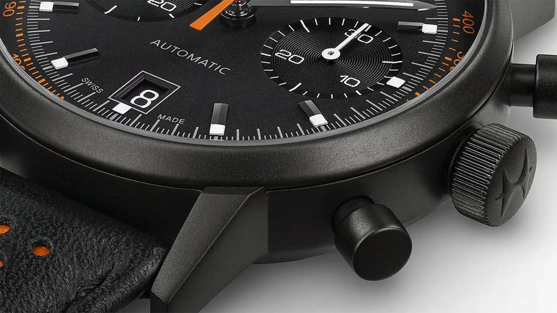 the case and dial of a black Hamilton chronograph watch
