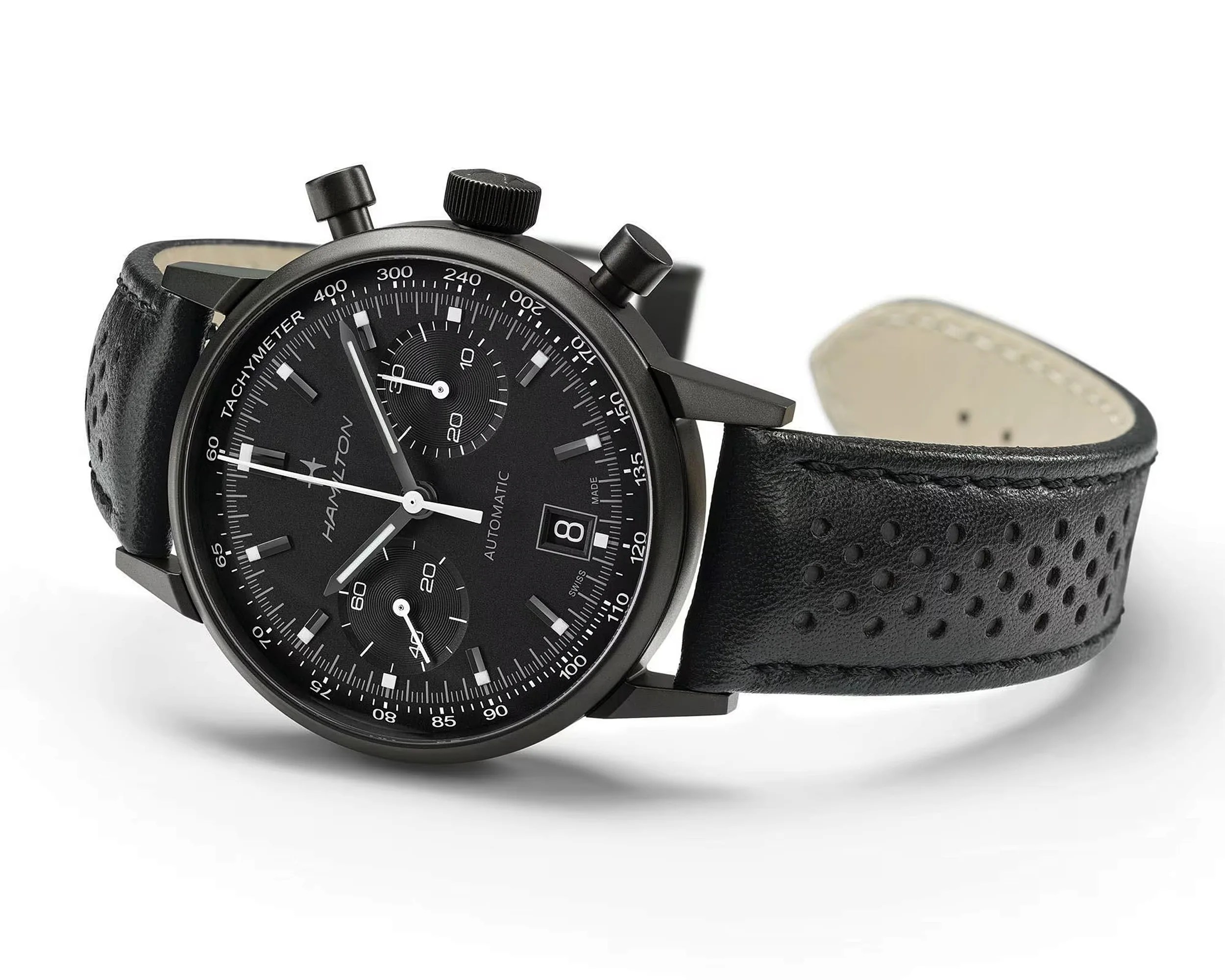 an all black Hamilton chronograph watch with white details