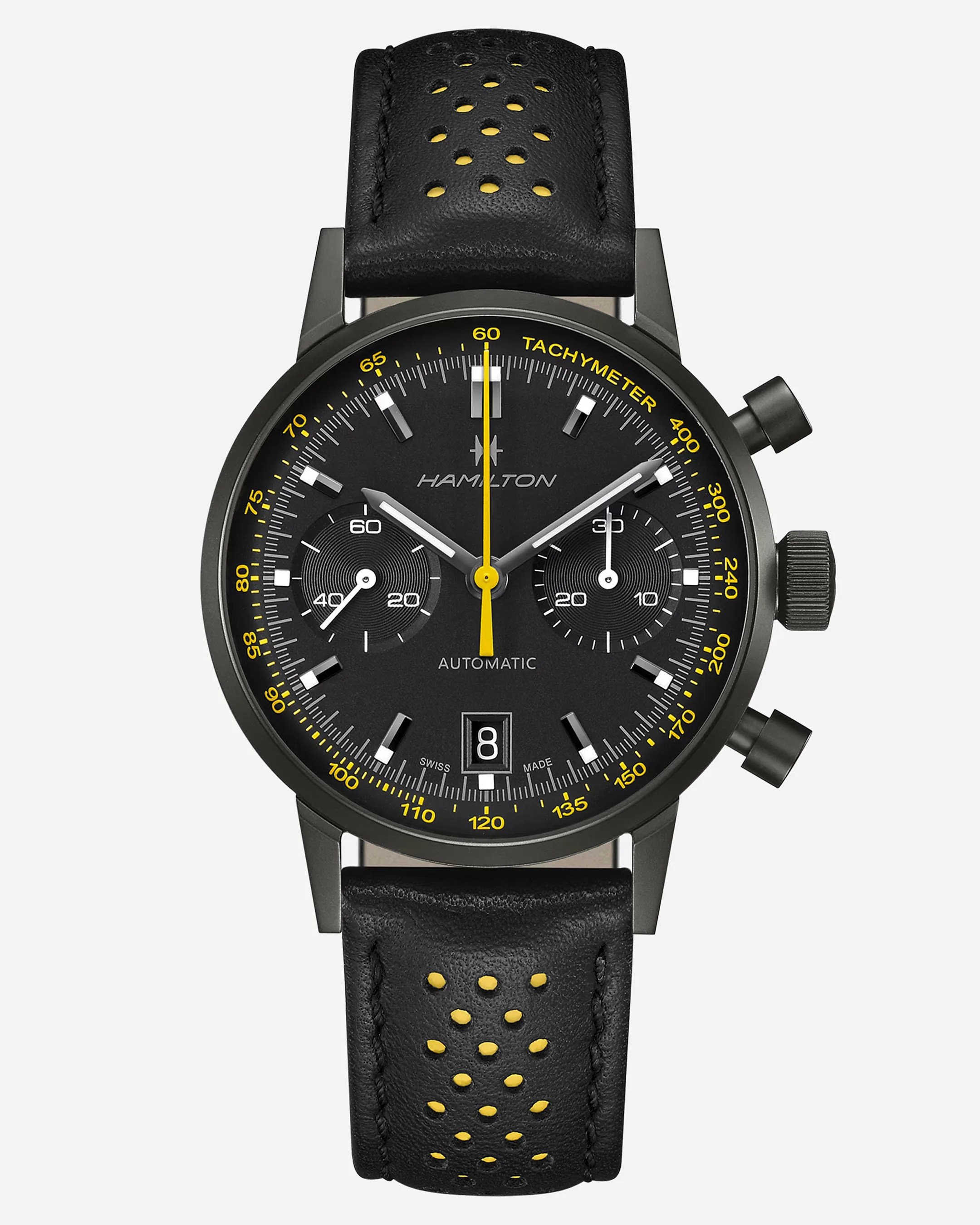 a black chronograph watch with yellow details