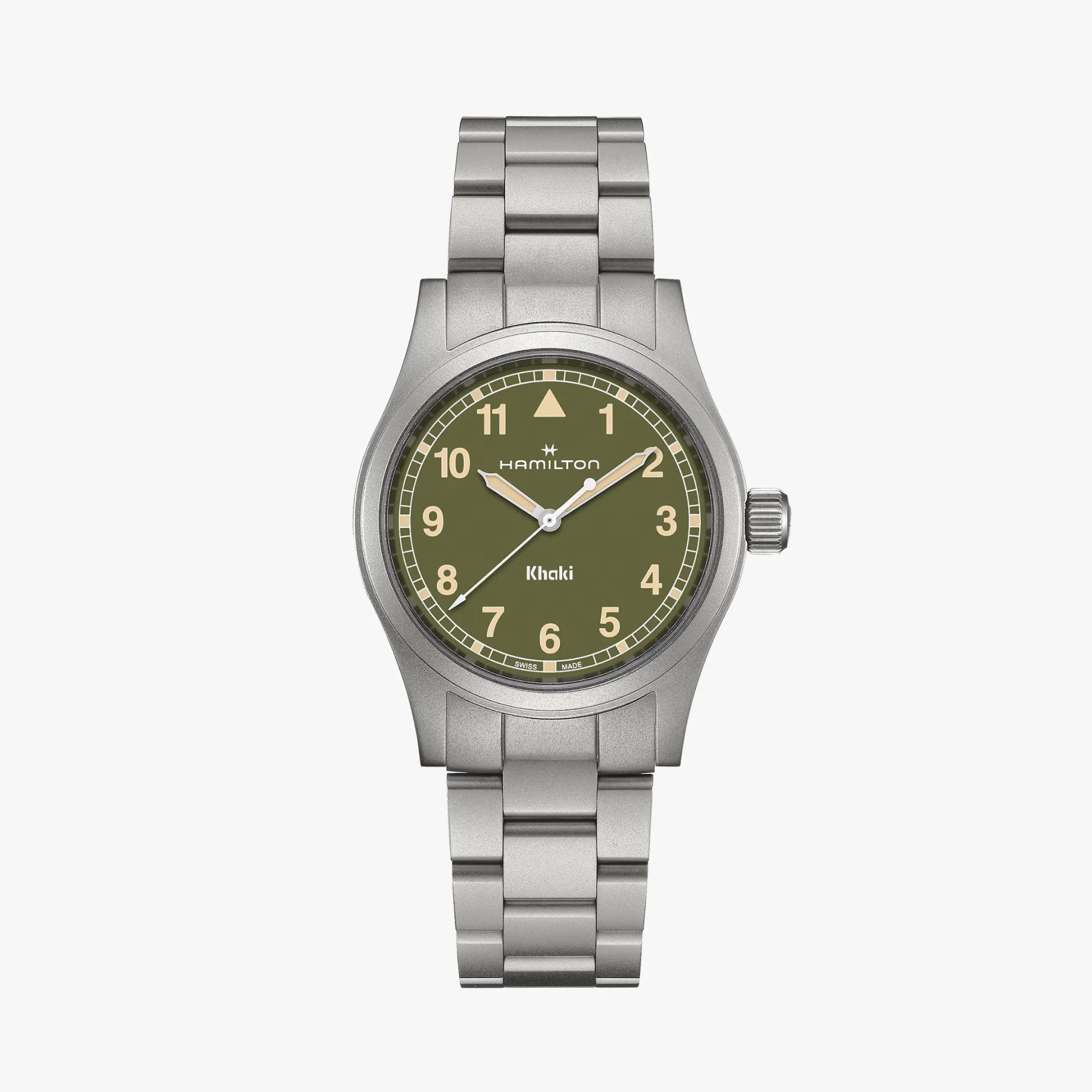 a green hamilton khaki field watch with steel bracelet