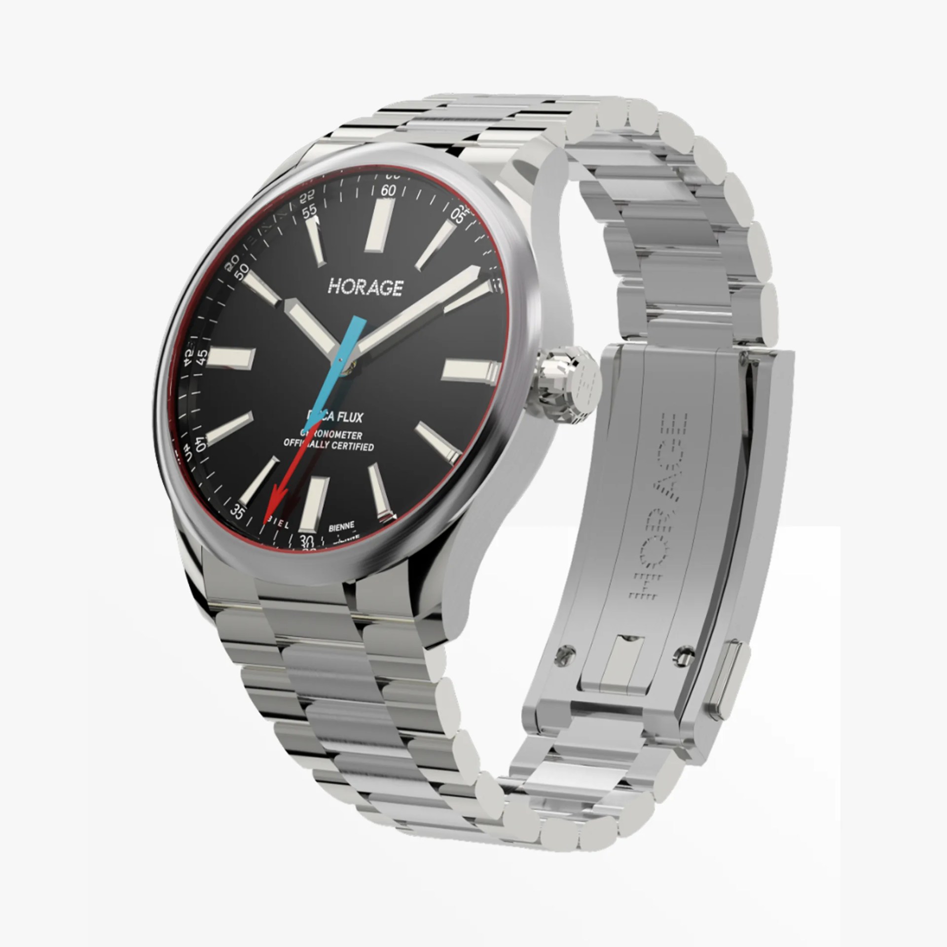 a steel Horage watch with a black dial