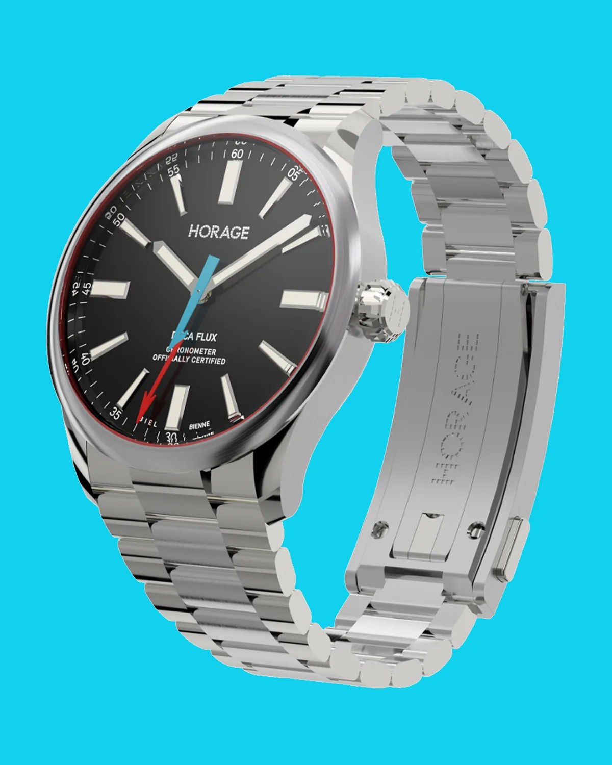 a steel watch with a black dial