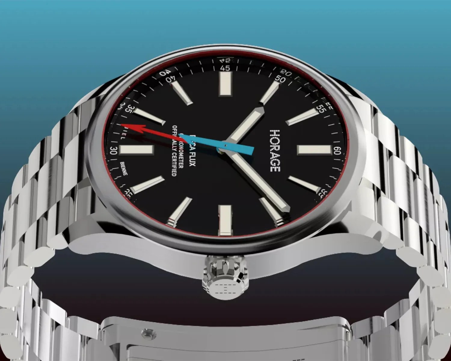 a steel watch with a black dial