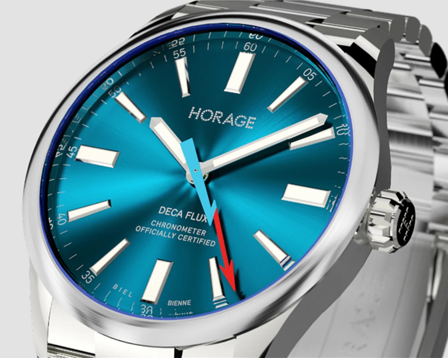 a steel watch with a blue dial