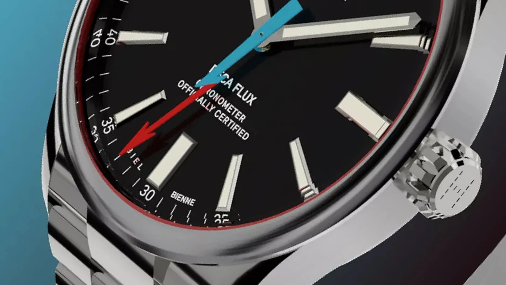 a steel watch with a black dial
