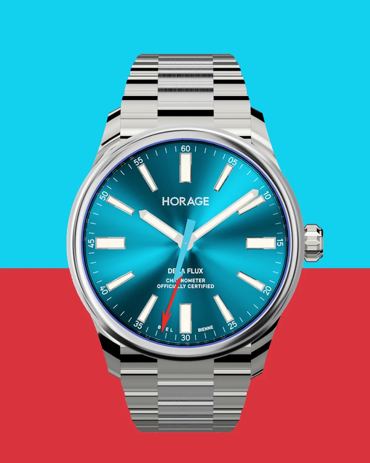 a steel watch with a blue dial