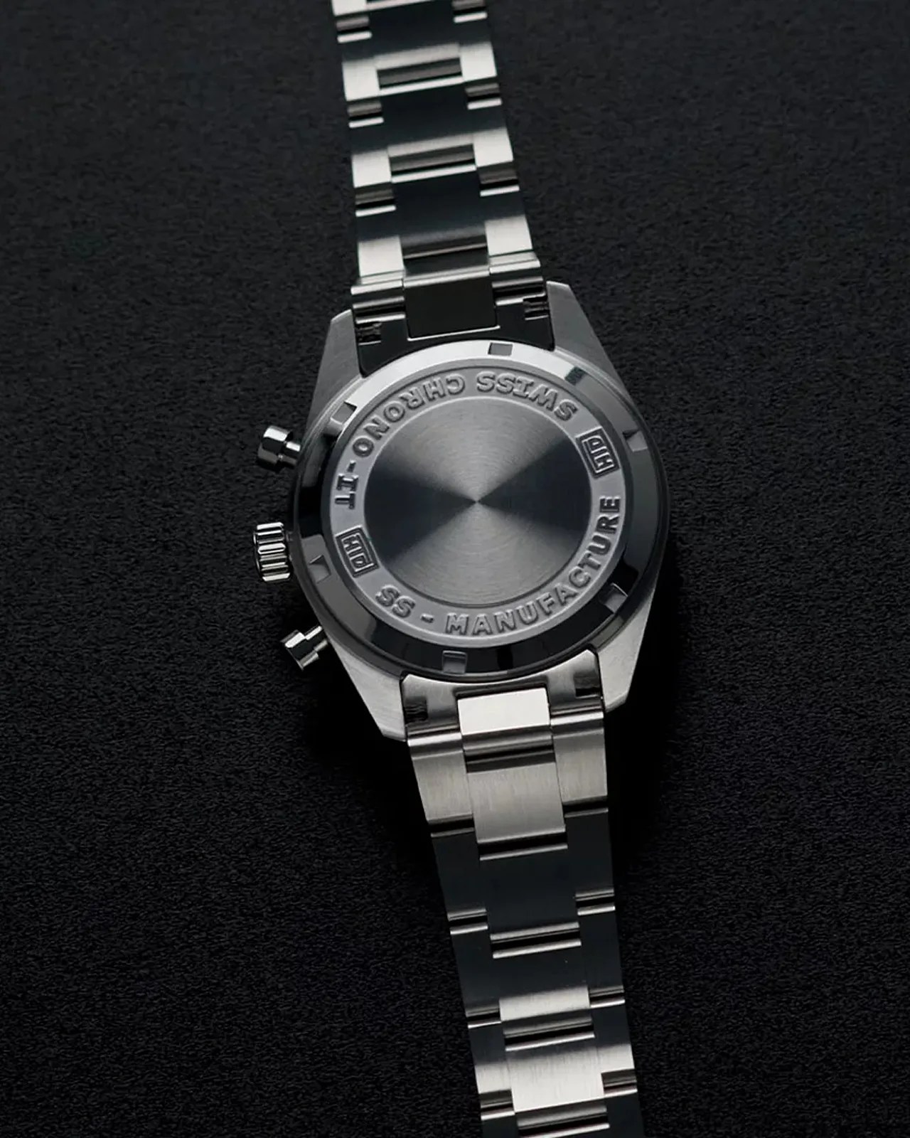 the back of a steel chronograph watch