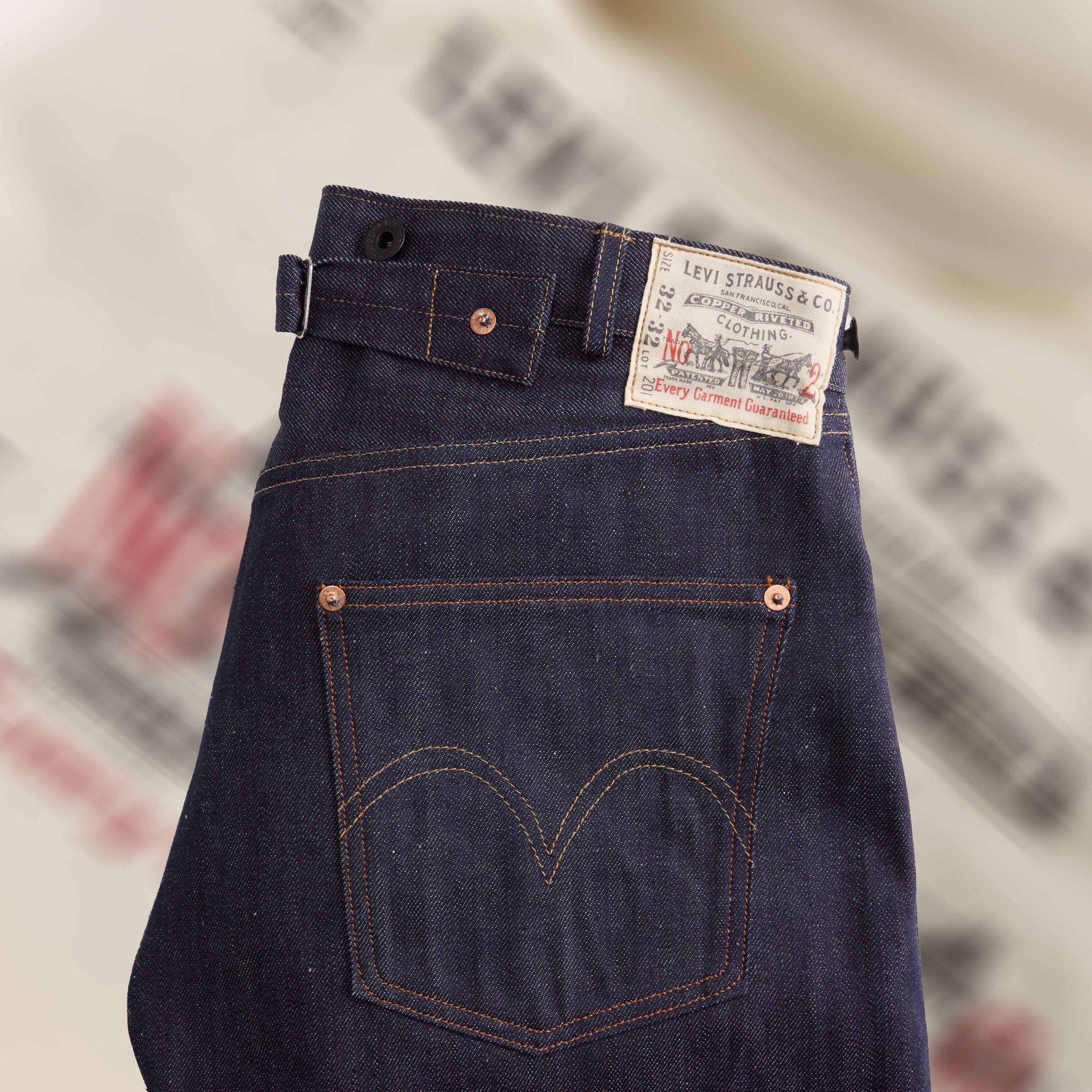 the back of a pair of Levis 201 leans