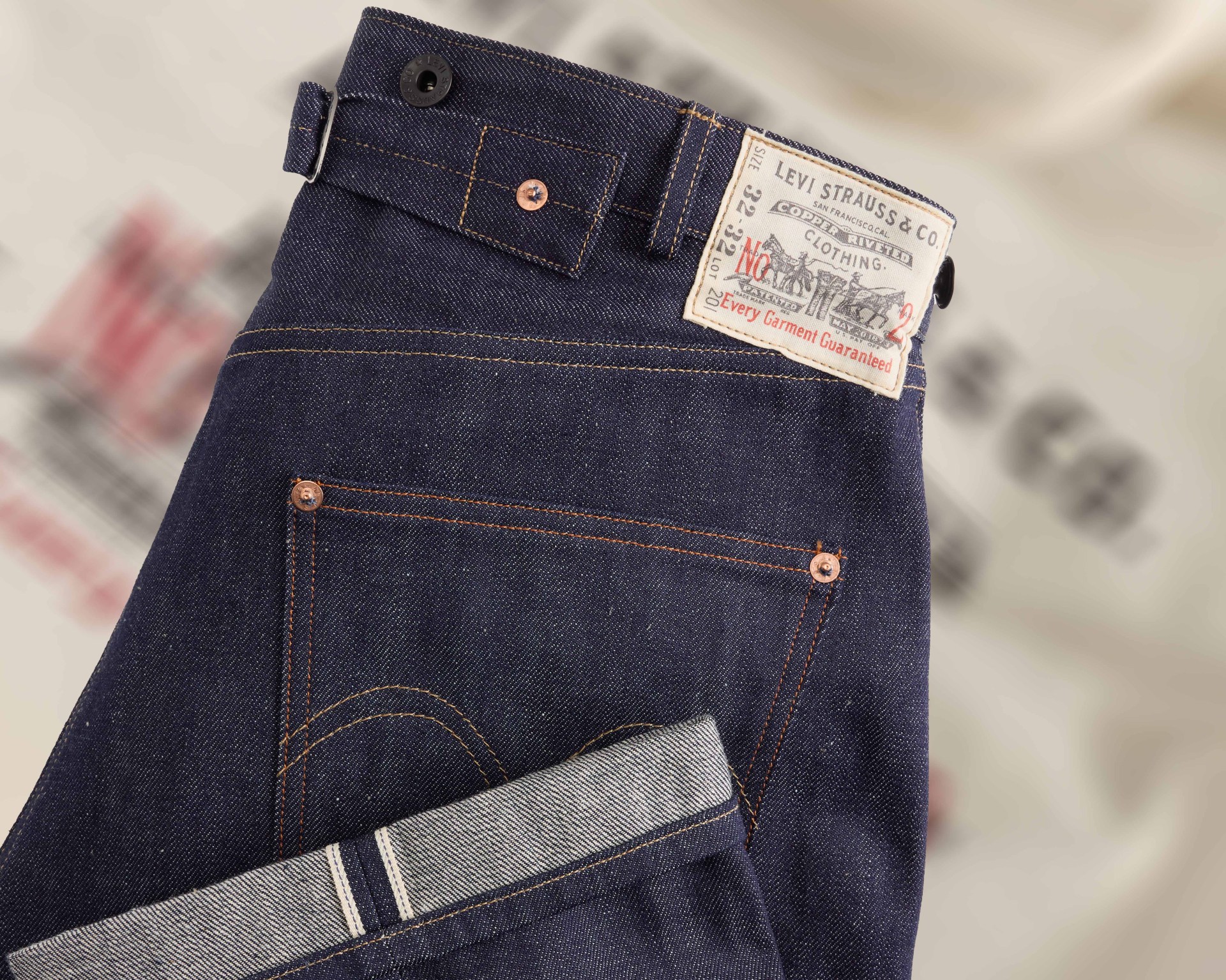 the back of a pair of levis vintage replica jeans