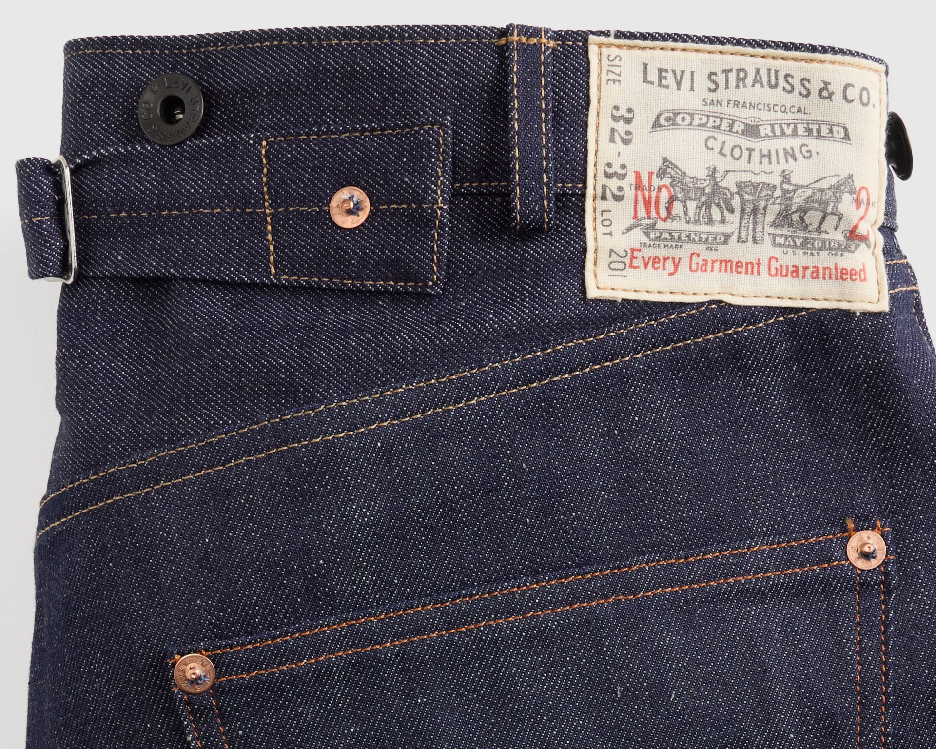 the back patch on a pair of Levis vintage replica jeans