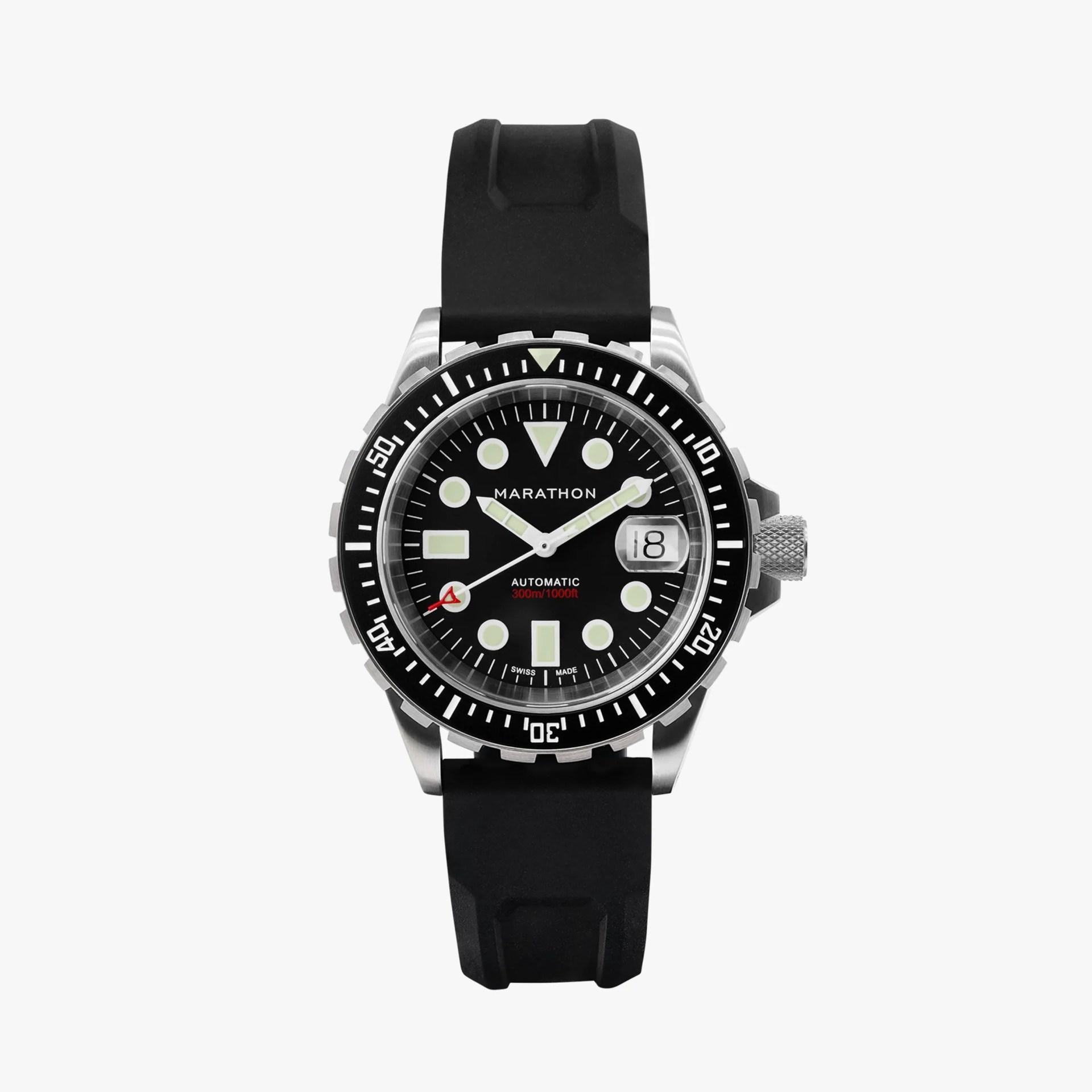 a black marathon dive watch with a black rubber strap
