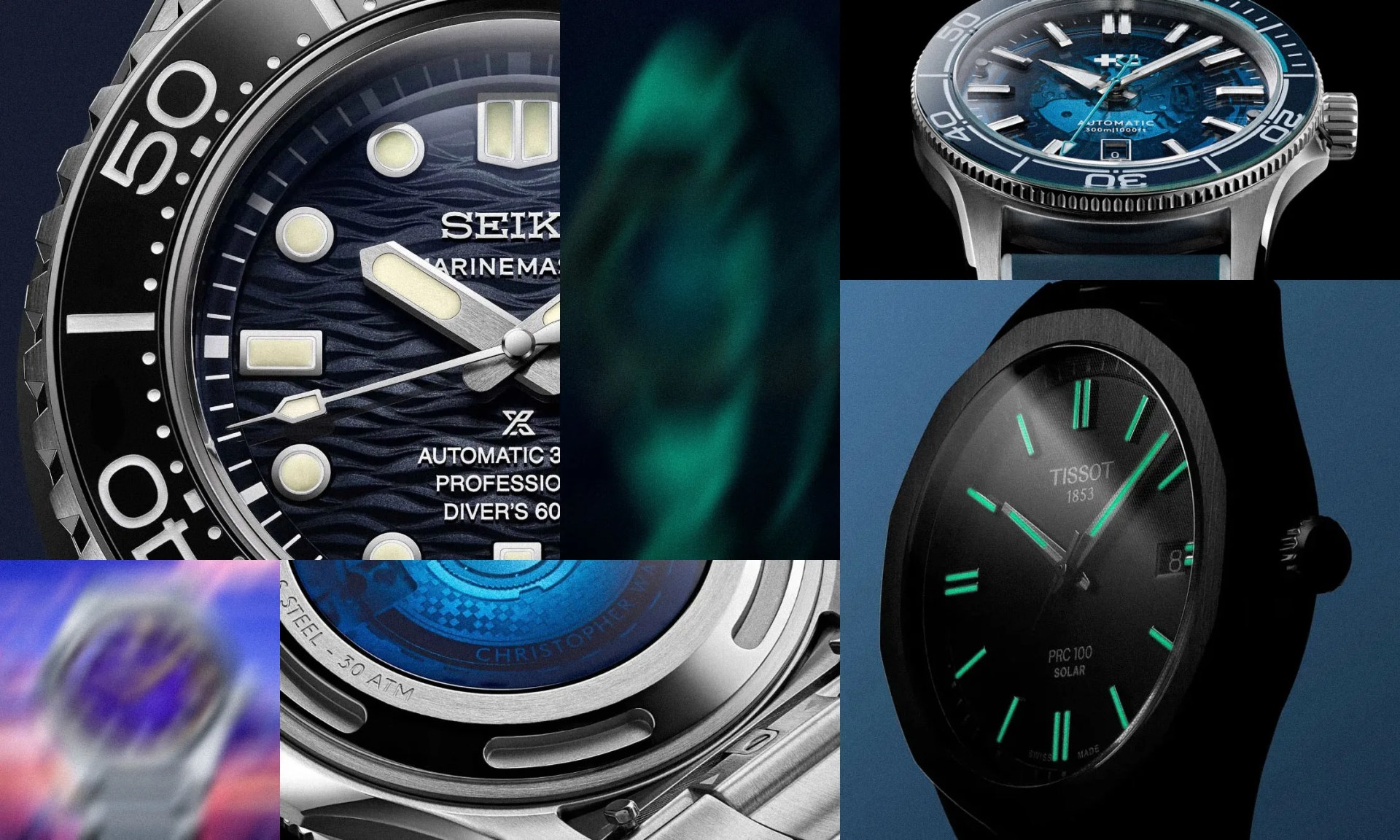 collage of watches from seiko, christopher ward and tissot