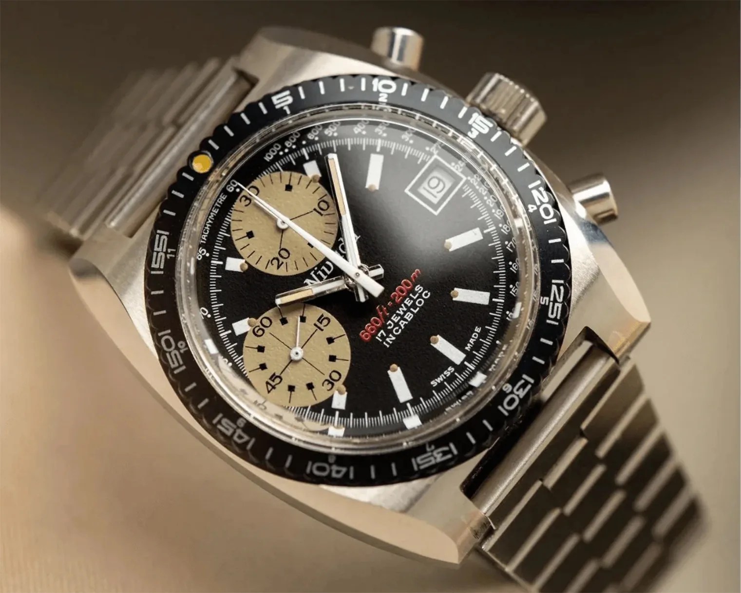 a vintage chronograph watch from the 1970s