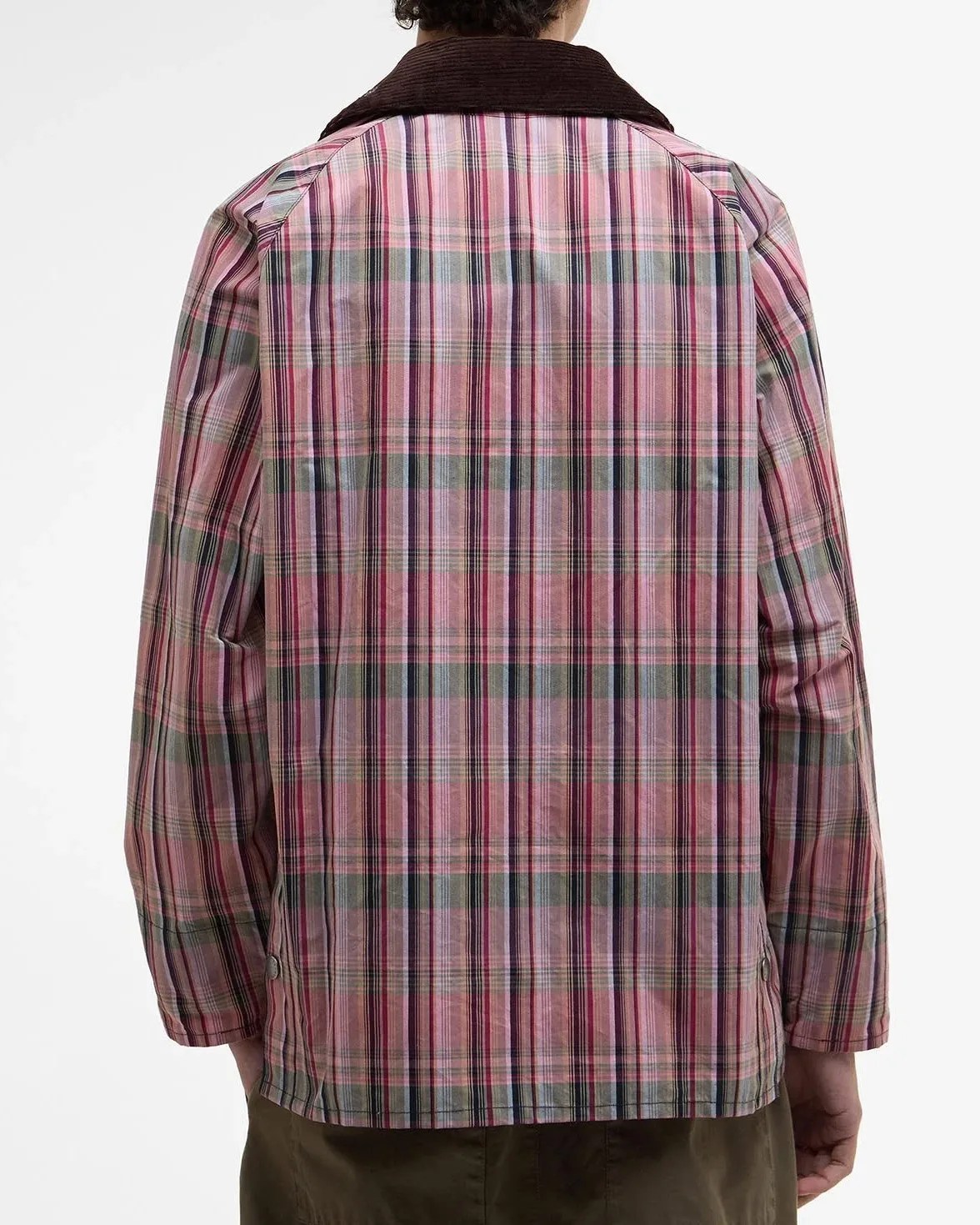 the back of a man in a pink plaid barbour jacket