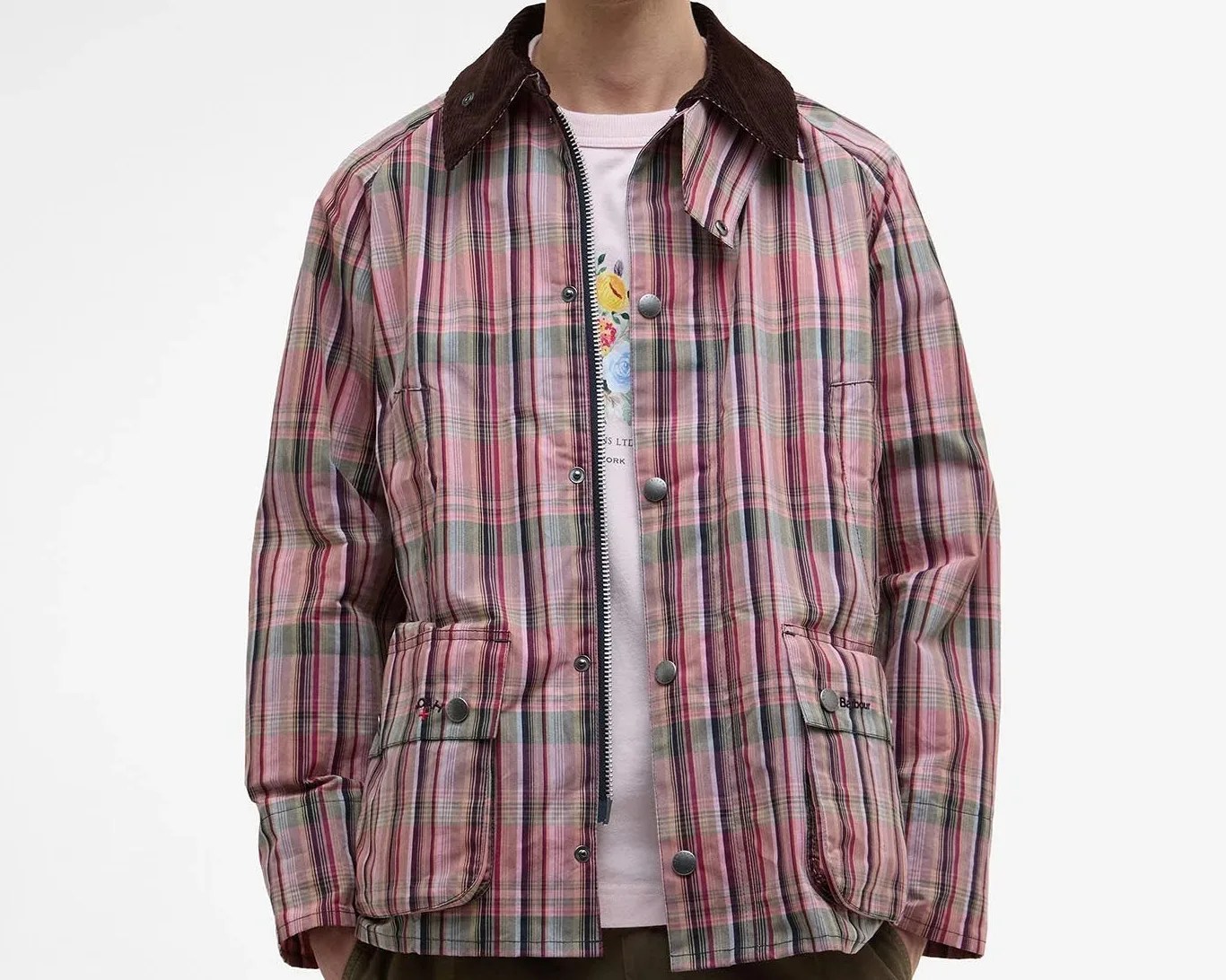 a man wearing a pink plaid Barbour jacket