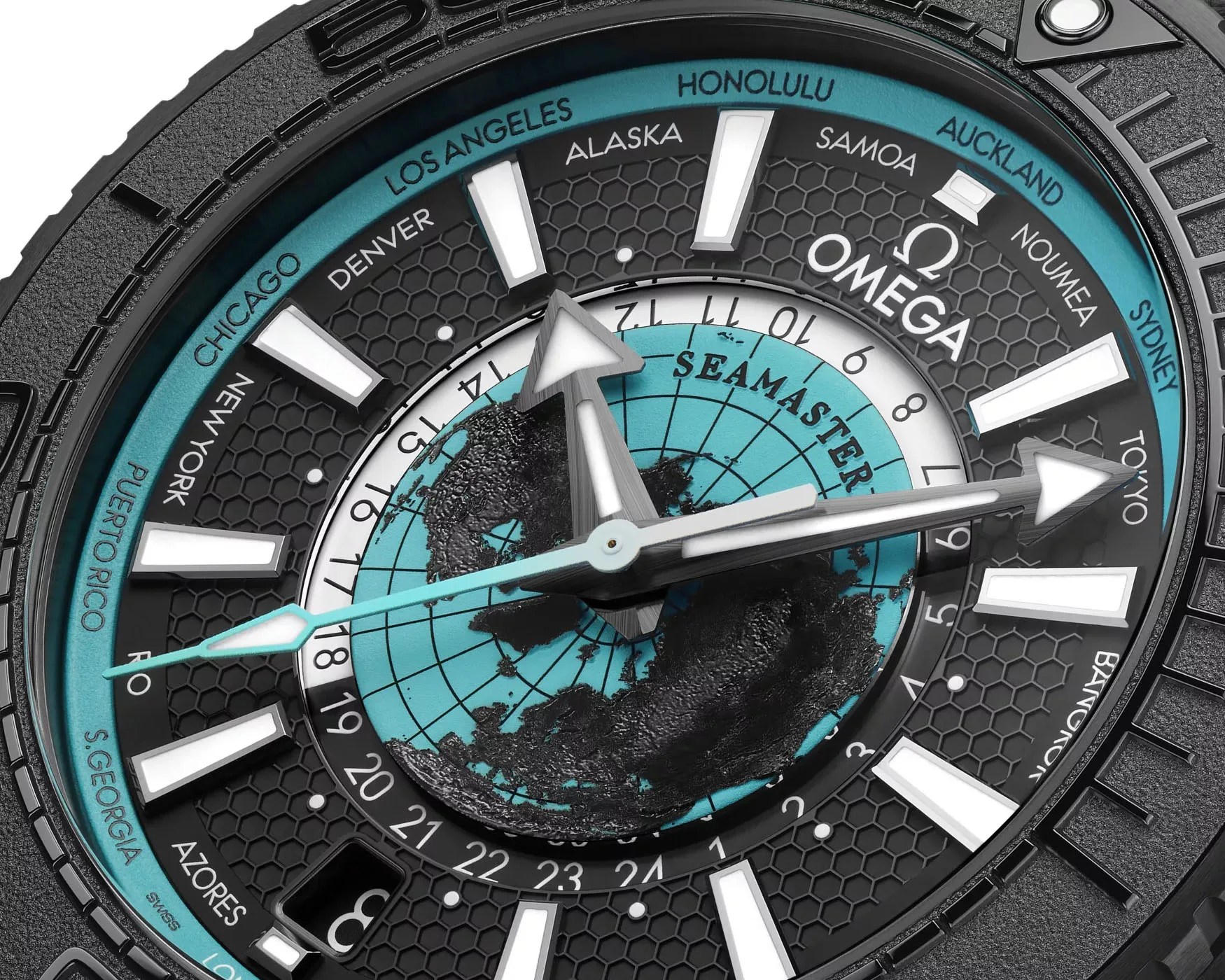 the black and blue dial of an Omega dive watch
