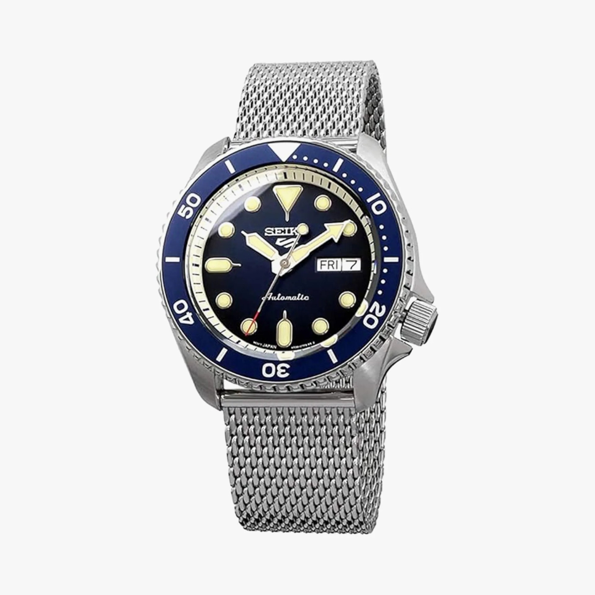a blue seiko 5 sports dive watch with a mesh bracelet