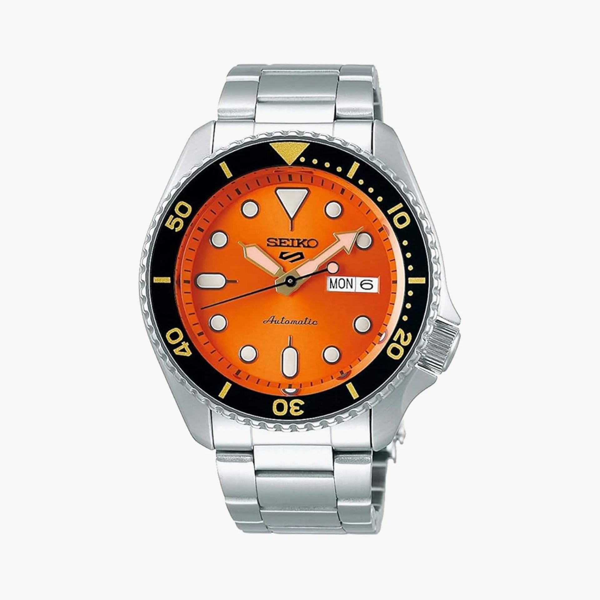an orange seiko 5 sports watch