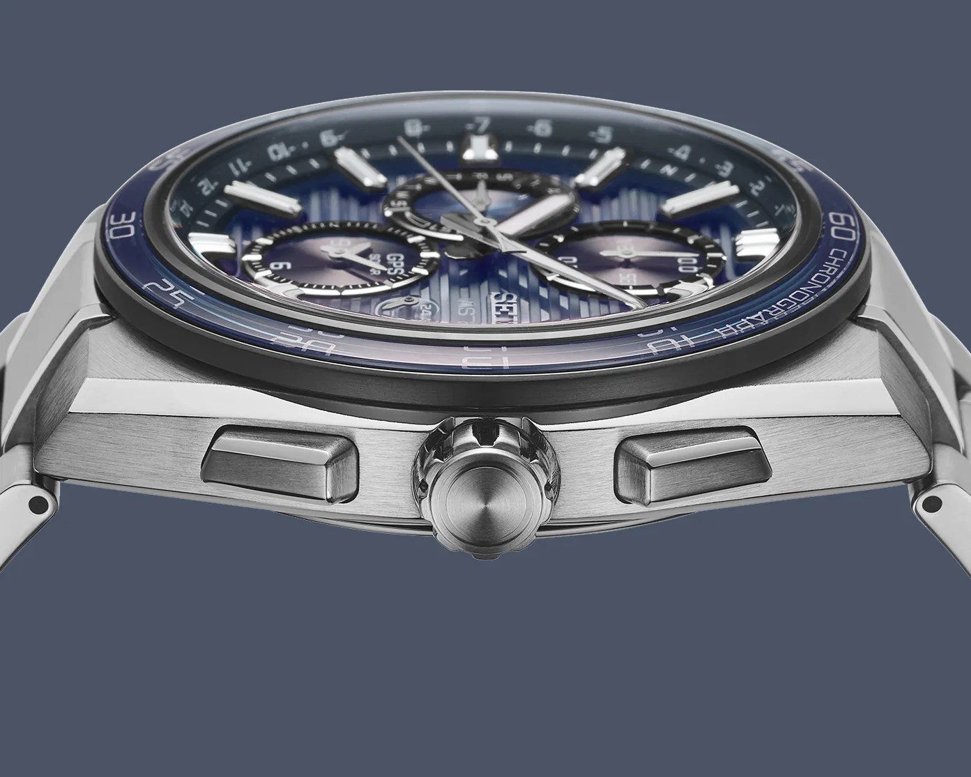 the case, crown and pushers of a steel Seiko chronograph