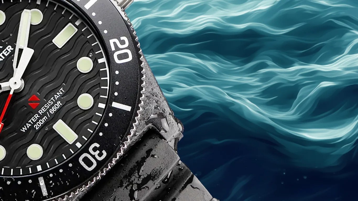 a closeup of a timex dive watch against a wavy background
