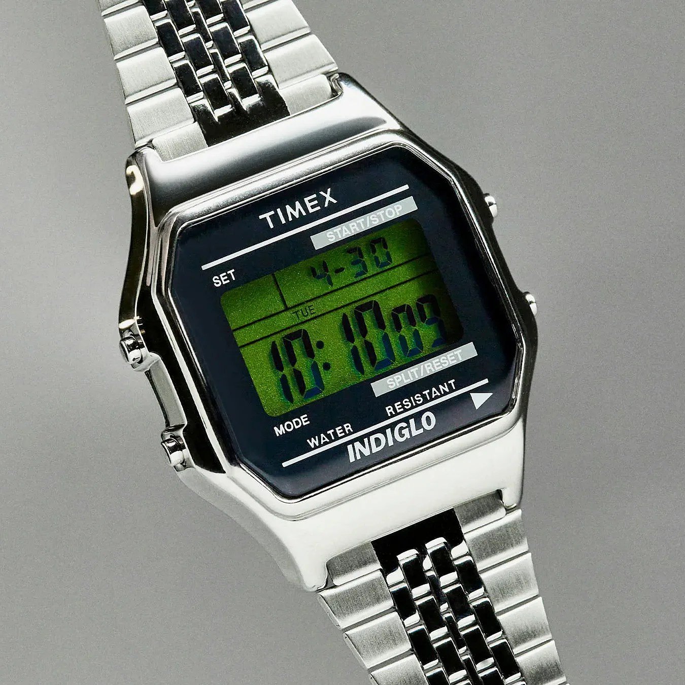 a steel Timex digital watch